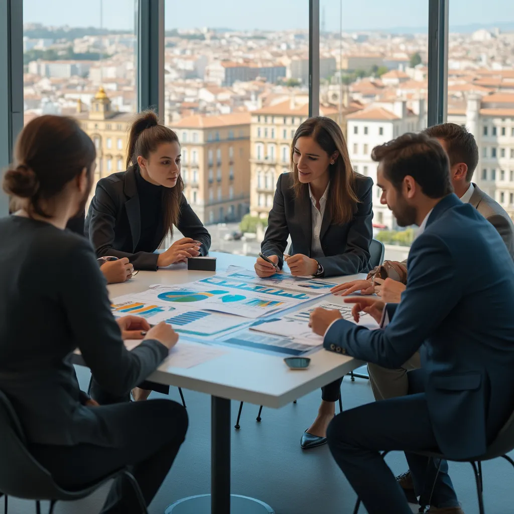 Equipo de consultores colaborando en una estrategia en oficina moderna en España